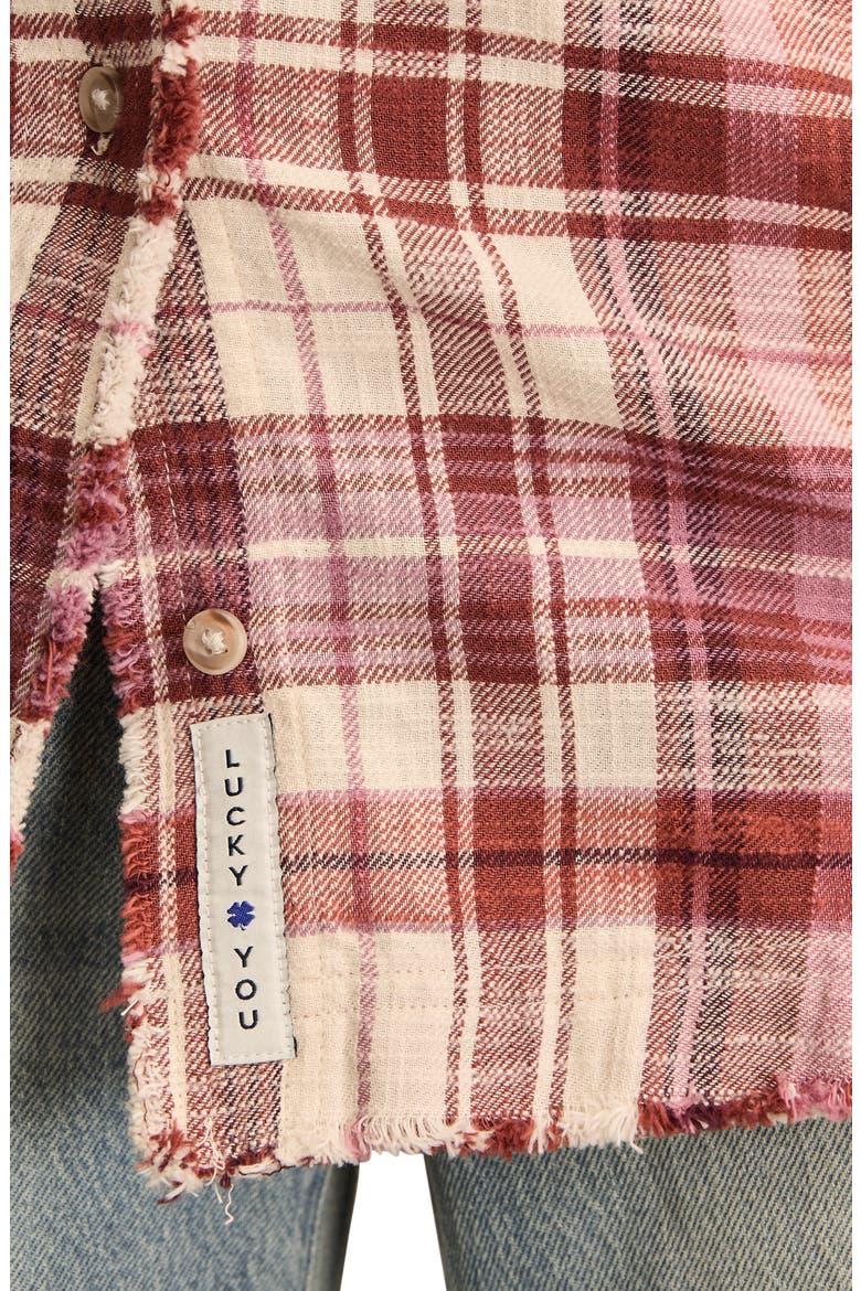Frayed Plaid Button-Up Tunic Shirt, Alternate, color, BURGUNDY PLAID