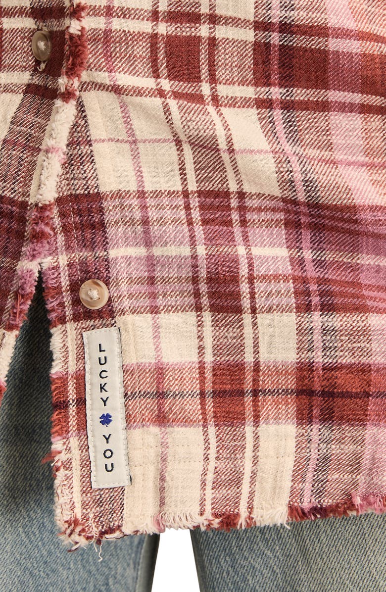 Lucky Brand Frayed Plaid Button-Up Tunic Shirt, Alternate, color, Burgundy Plaid