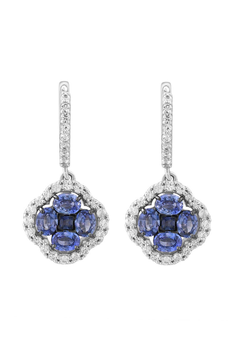 Sterling Silver Blue & White Sapphire Quatrefoil Drop Huggie Hoop Earrings, Alternate, color, BLUE