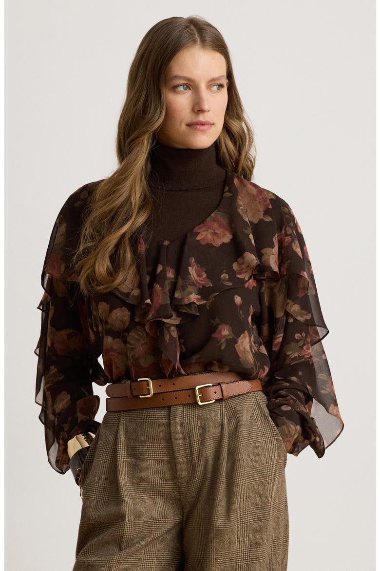 Floral Ruffle Trim Chiffon Top, Alternate, color, BROWN