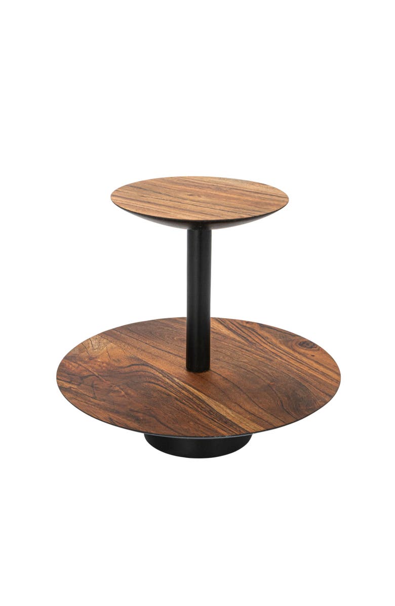 Storied Home Round Acacia Wood 2-Tier Tray with Metal Stand, Main, color, Natural
