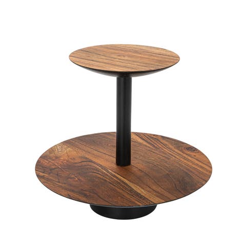 Round Acacia Wood 2-Tier Tray with Metal Stand