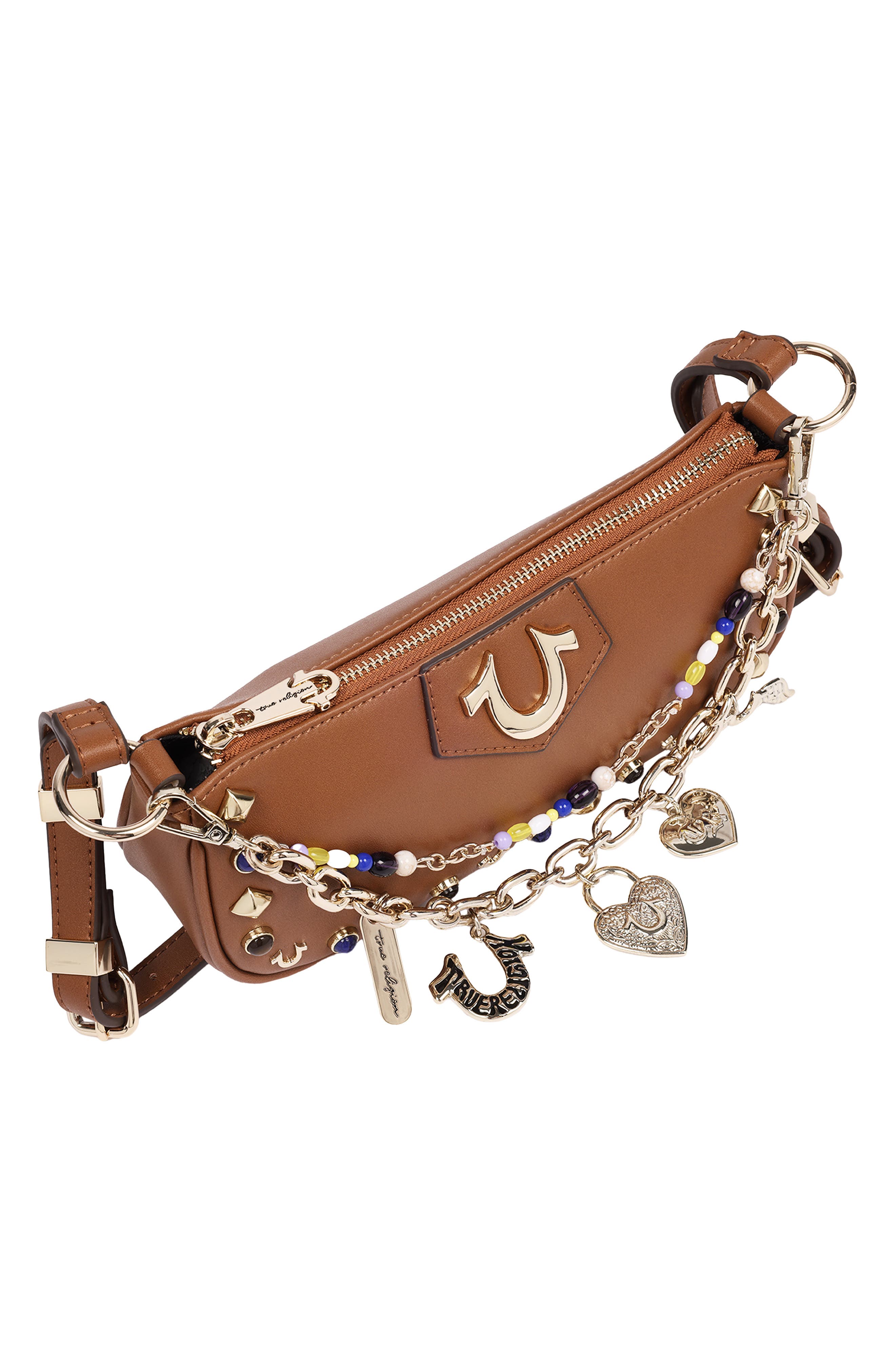 Chain and Studs Faux Leather Shoulder Bag, Alternate, color, COGNAC