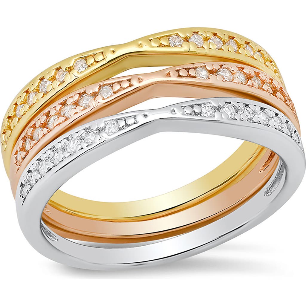 Hmy Jewelry Set Of 3 Tri-tone Simulated Diamond Band Rings In Gold