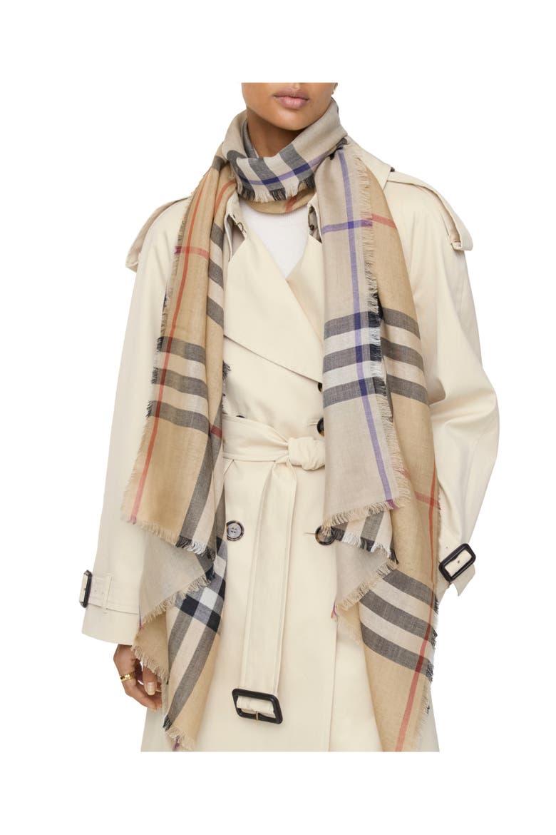 Check Wool Silk Scarf, Alternate, color, Sand/lichen