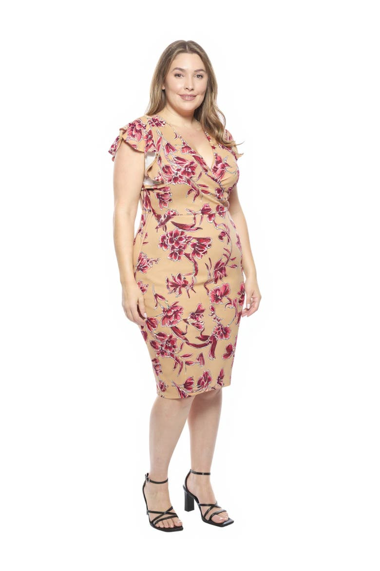 Curvy Essential Flutter Sleeve Faux Wrap Knee Length Dress, Alternate, color, Beige Multi