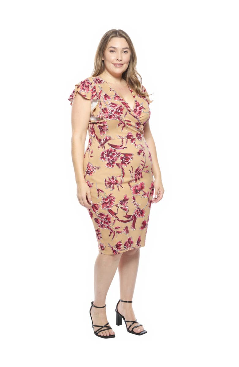 24seven Comfort Apparel Curvy Essential Flutter Sleeve Faux Wrap Knee Length Dress, Alternate, color, Beige Multi