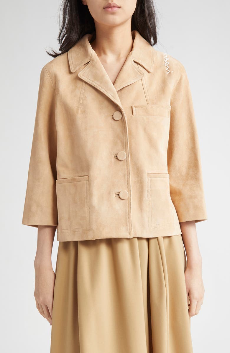 Marni Logo Embroidered Boxy Suede Jacket, Main, color, 00C15 Pale Peach