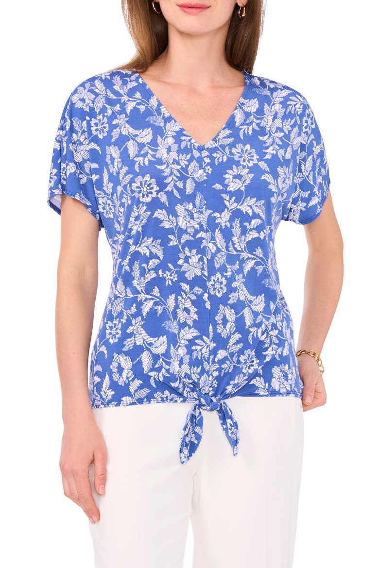 Print Tie Front Top, Main, color, DENIM