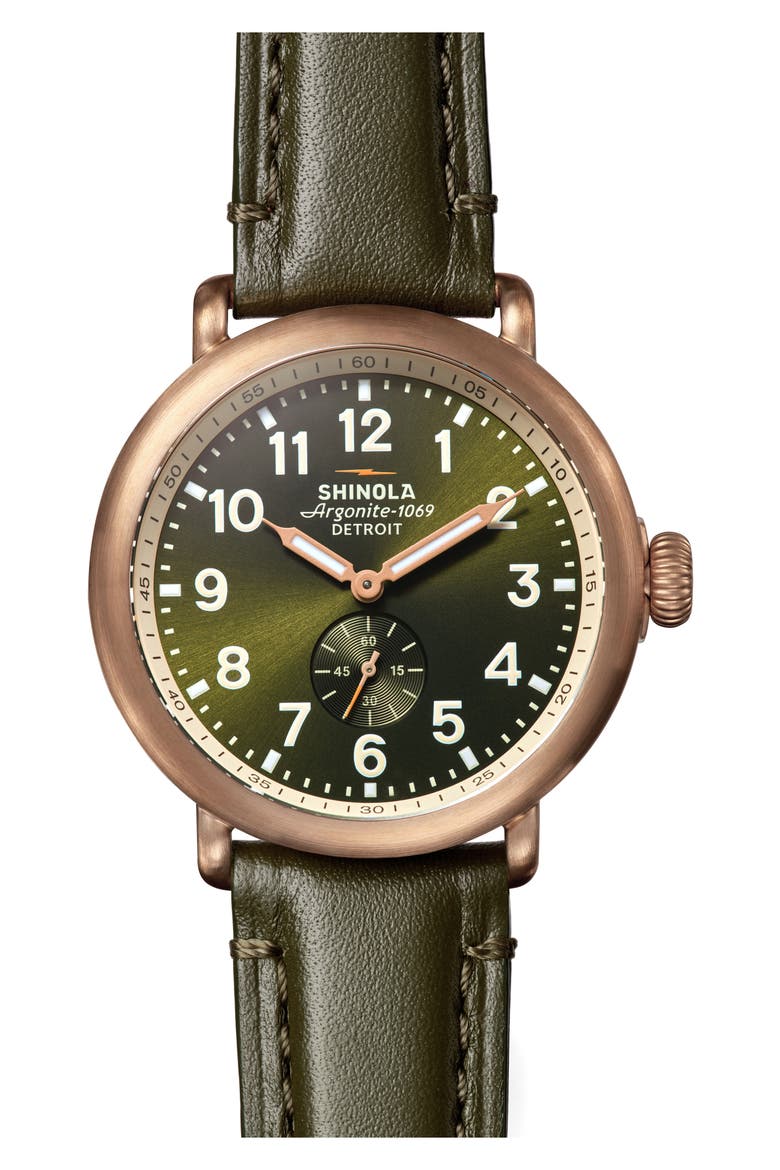 Runwell Sub Second Leather Strap Watch, 43mm, Main, color, GREEN