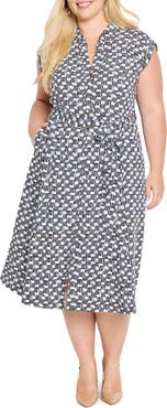 NIC+ZOE Sonni Basket Weave Print Belted Midi Shirtdress