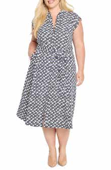 NIC+ZOE Sonni Basket Weave Print Belted Midi Shirtdress