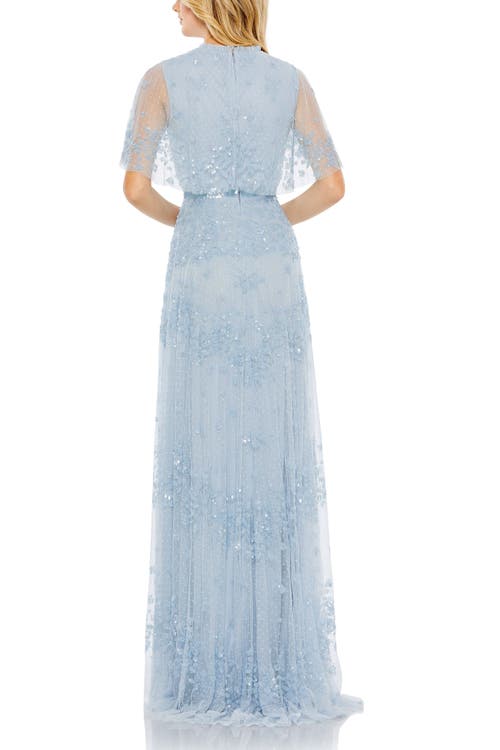 Mac Duggal Sequined High Neck Flutter Sleeve A Line Gown In Powder Blue