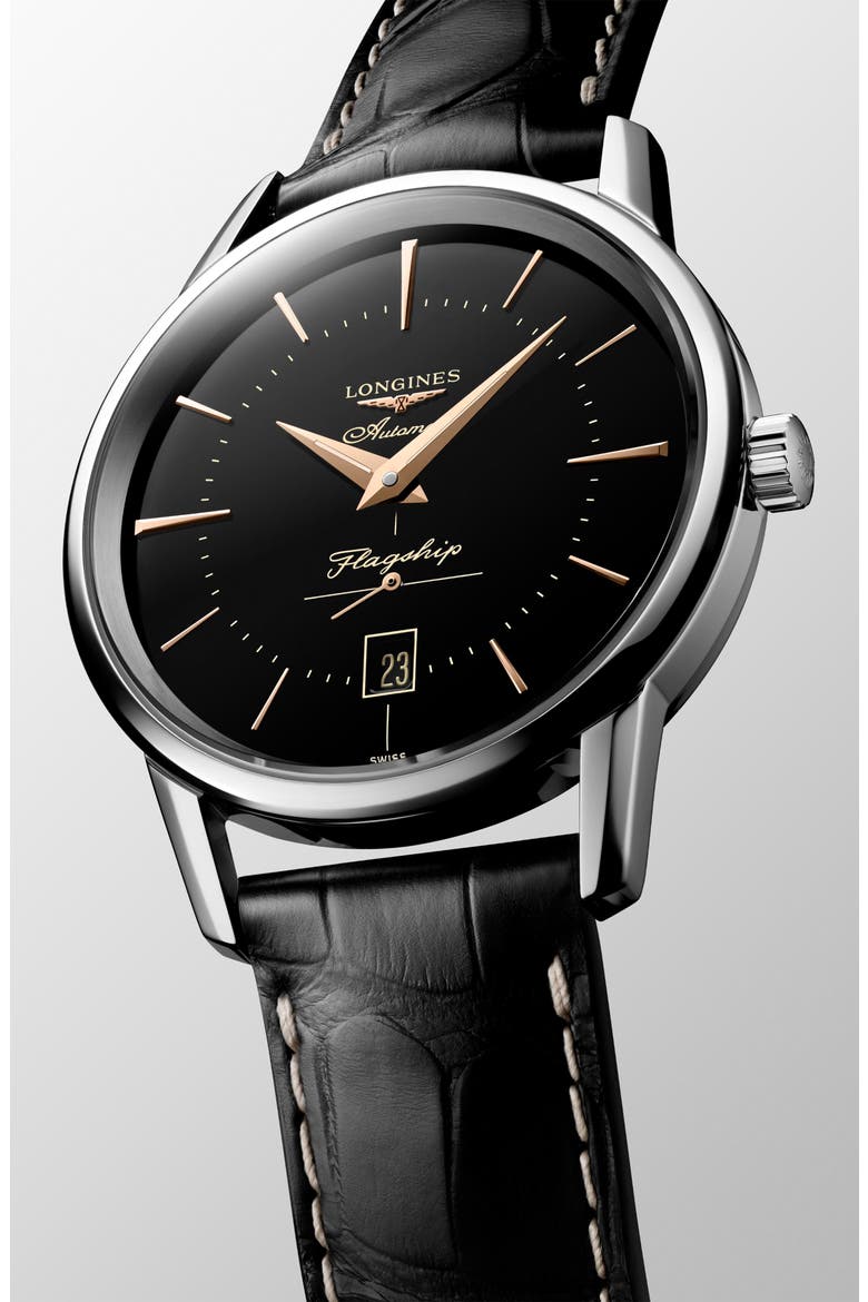 Flagship Heritage Automatic Leather Strap Watch, 38.5mm, Alternate, color, BLACK/ SILVER