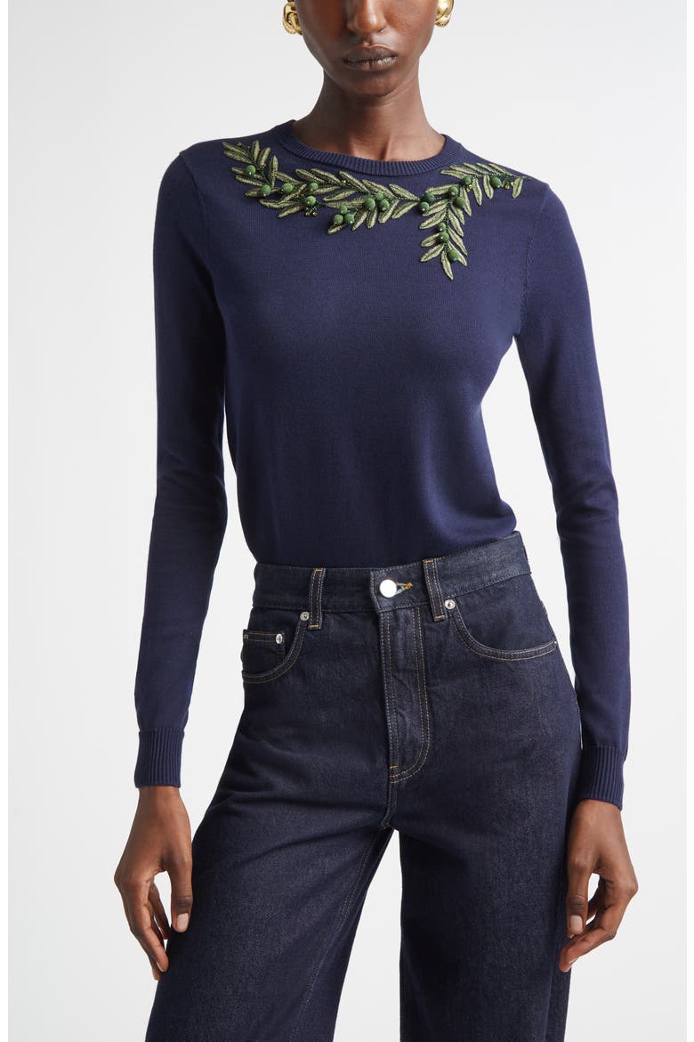 Olive Branch Embroidered Silk & Cotton Sweater, Main, color, MIDNIGHT MULTI