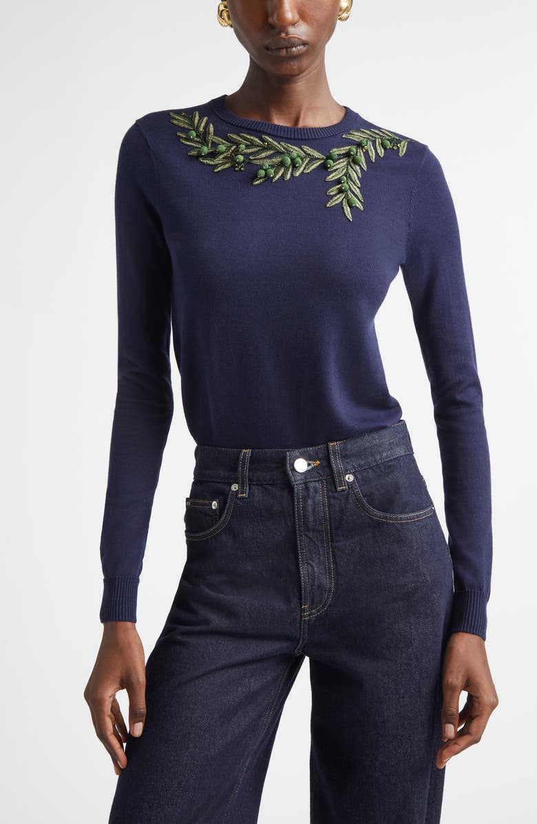 Carolina Herrera Olive Branch Embroidered Silk & Cotton Sweater, Main, color, Midnight Multi