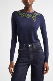 Carolina Herrera Olive Branch Embroidered Silk & Cotton Sweater