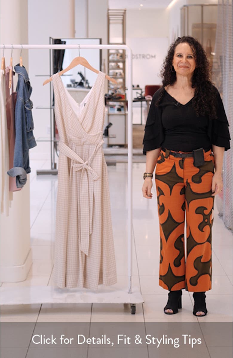 Gingham Linen Blend Faux-Wrap Midi Dress, sales video thumbnail