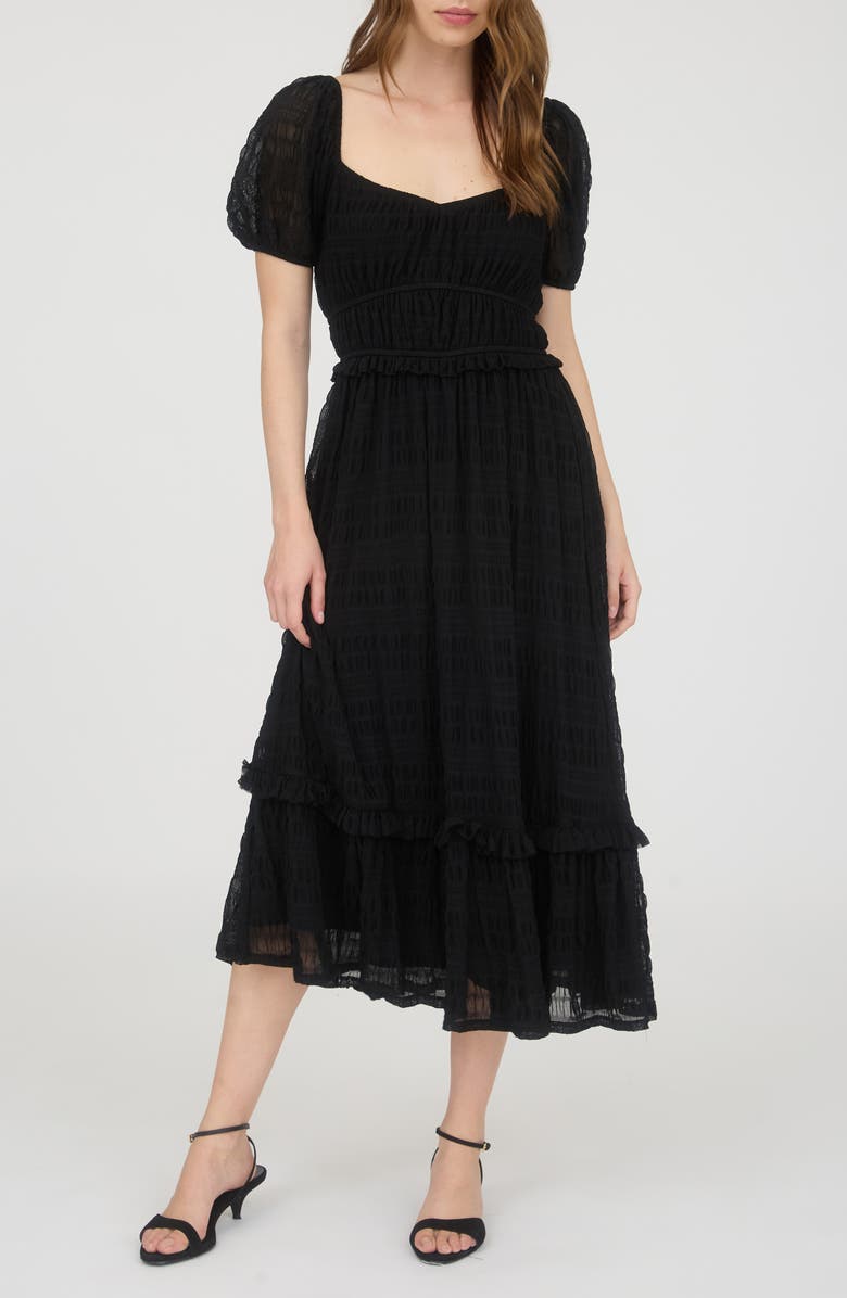 AUGUST SKY Puff Sleeve Tiered Midi Dress, Main, color, Black