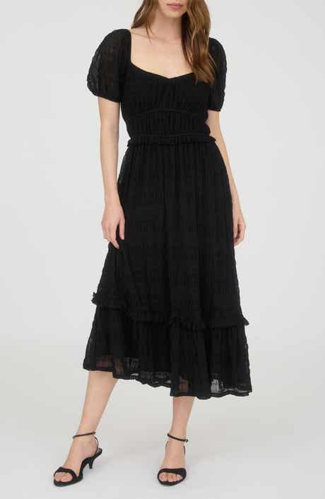 AUGUST SKY Puff Sleeve Tiered Midi Dress
