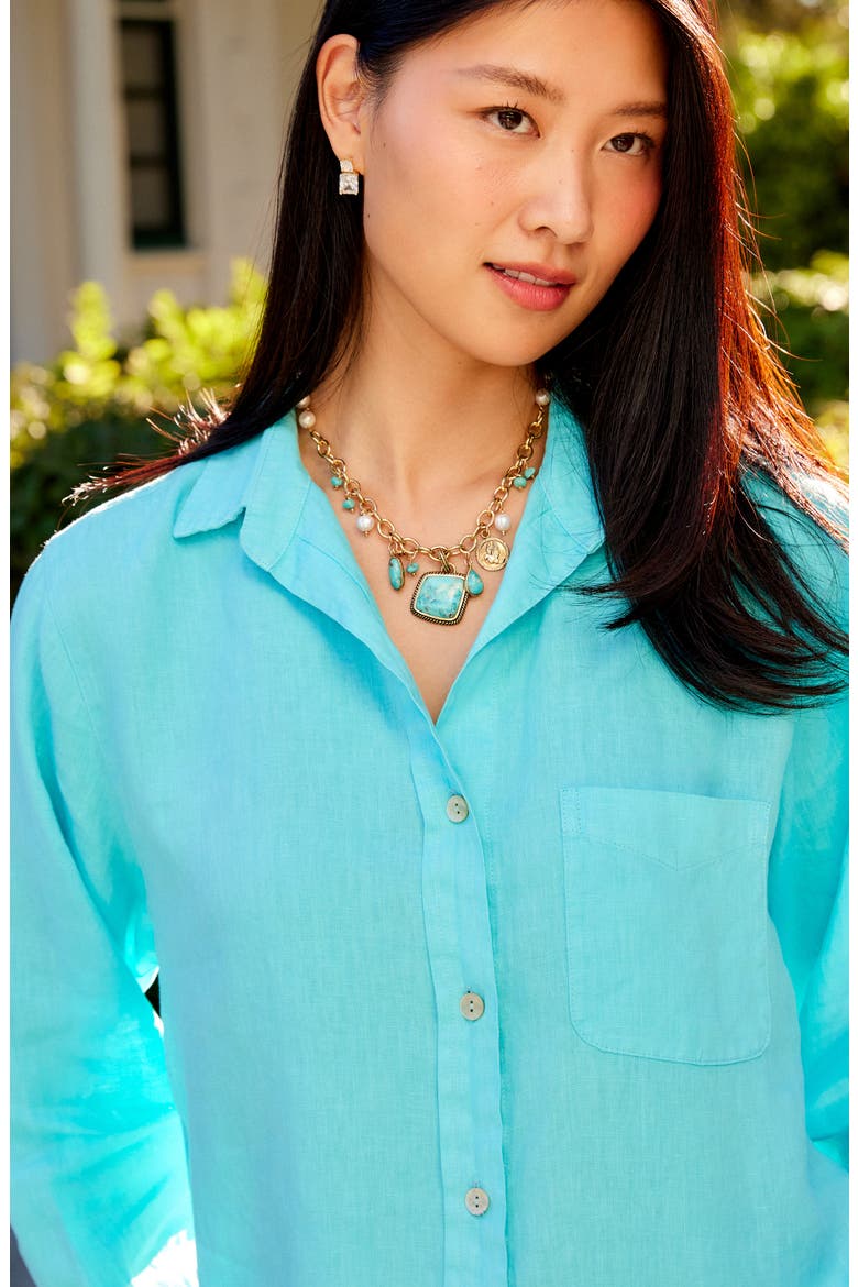 Linen Button-Up Shirt, Alternate, color, AQUA