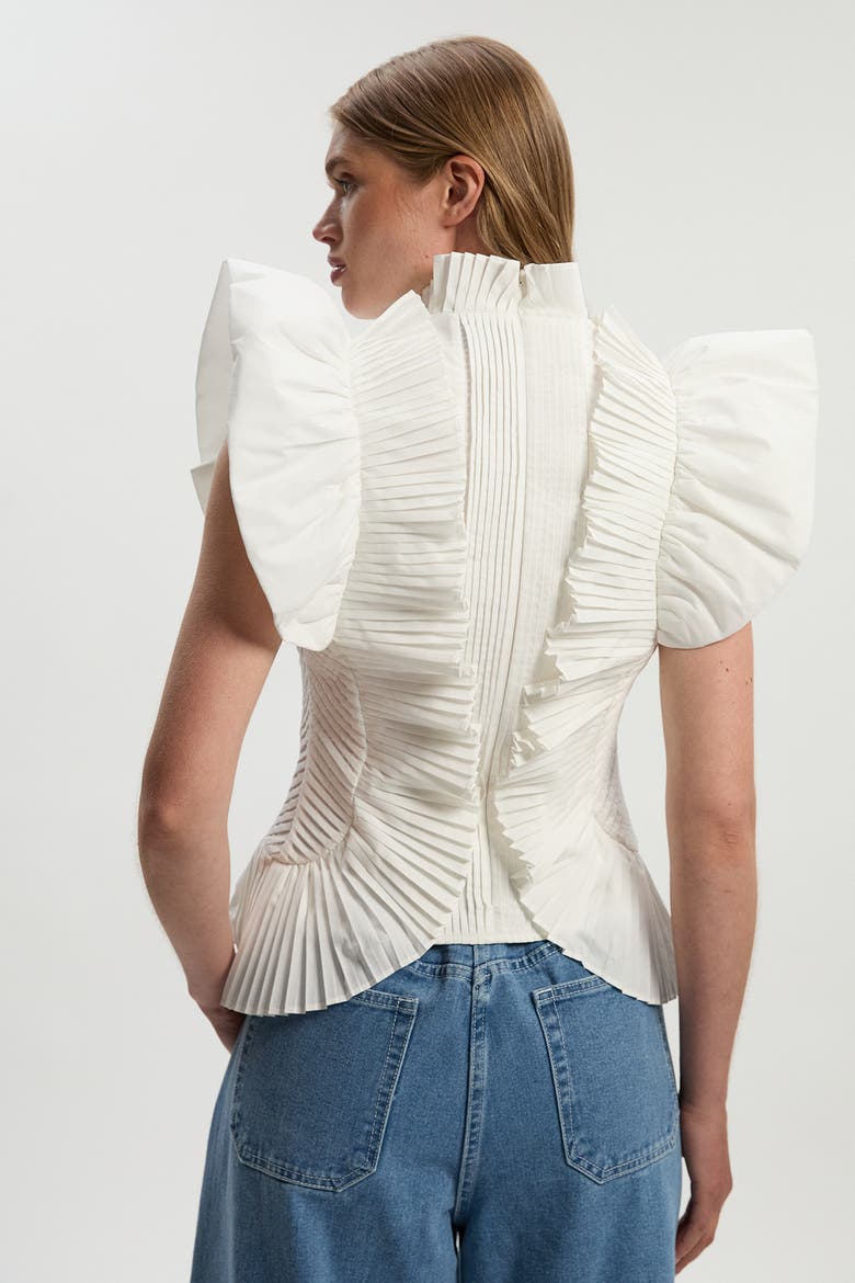 Pleated Ruffle Sleeve Woven Top, Alternate, color, Ivory