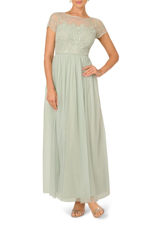 Beaded Mesh Chiffon Gown
