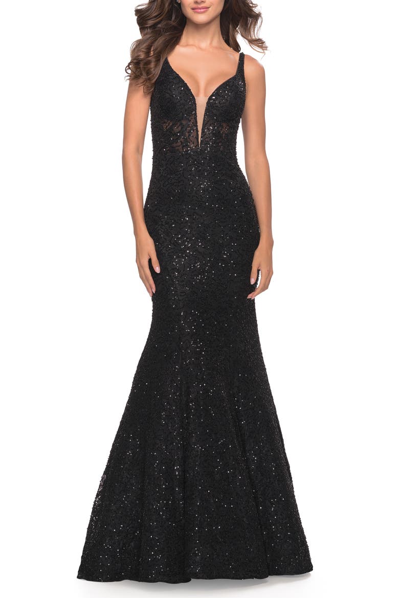 Mermaid Beaded Lace Dress with Sheer Bodice, Main, color, Black