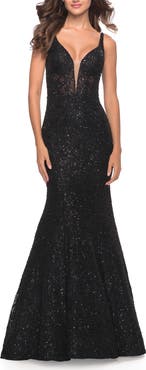 La Femme Mermaid Beaded Lace Dress with Sheer Bodice