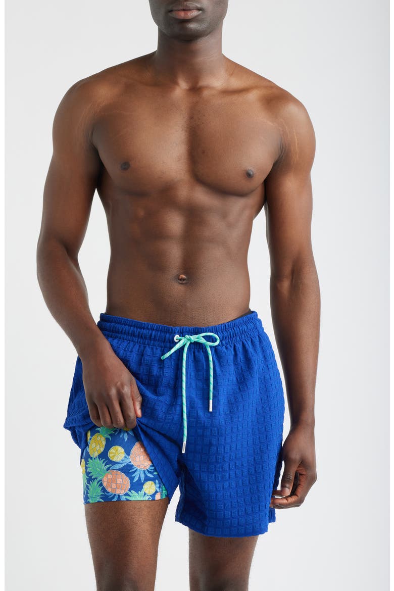 The Citrus Punches Grid Textured 5.5-Inch Swim Trunks, Alternate, color, DARK TEAL - PATTERN