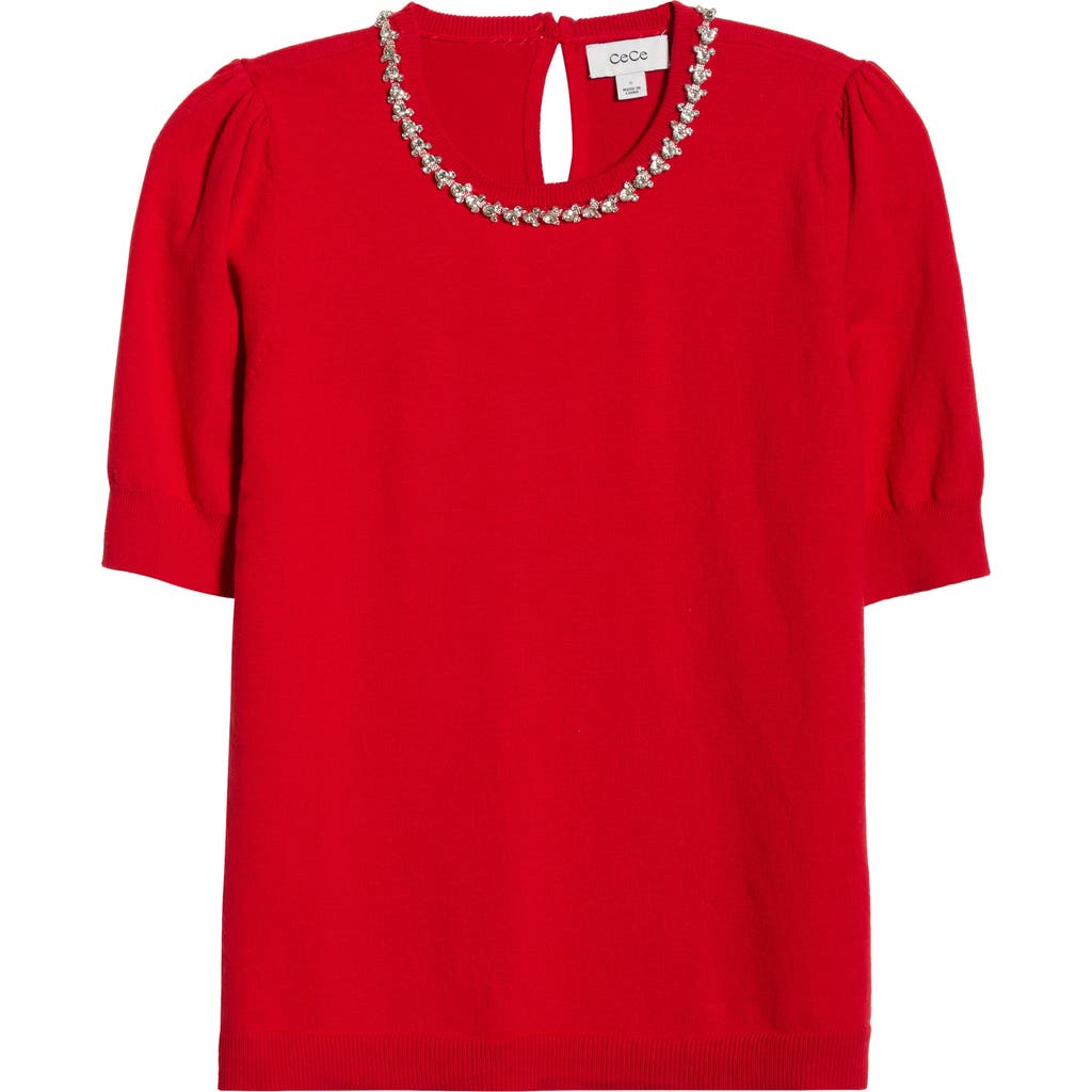 Cece Embellished Collar Short Sleeve Cotton Sweater In Red