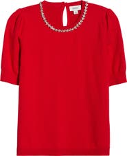 CeCe Embellished Collar Short Sleeve Sweater