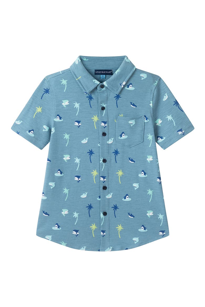 Kids' Knit Button-Up Shirt & Shorts Set, Alternate, color, BLUE PALM