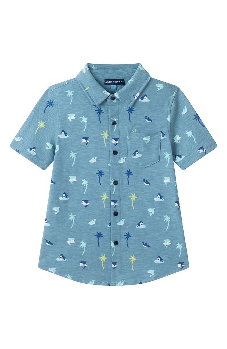 Andy & Evan Kids' Knit Button-Up Shirt & Shorts Set, Alternate, color, Blue Palm