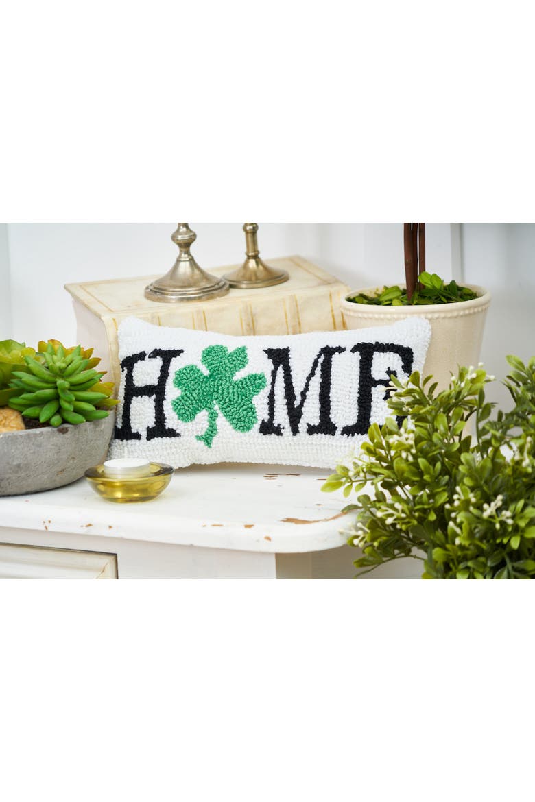 3 Leaf Clover "HOME" Shamrock Hooked Mini Accent Pillow 6" x 12", Alternate, color, White