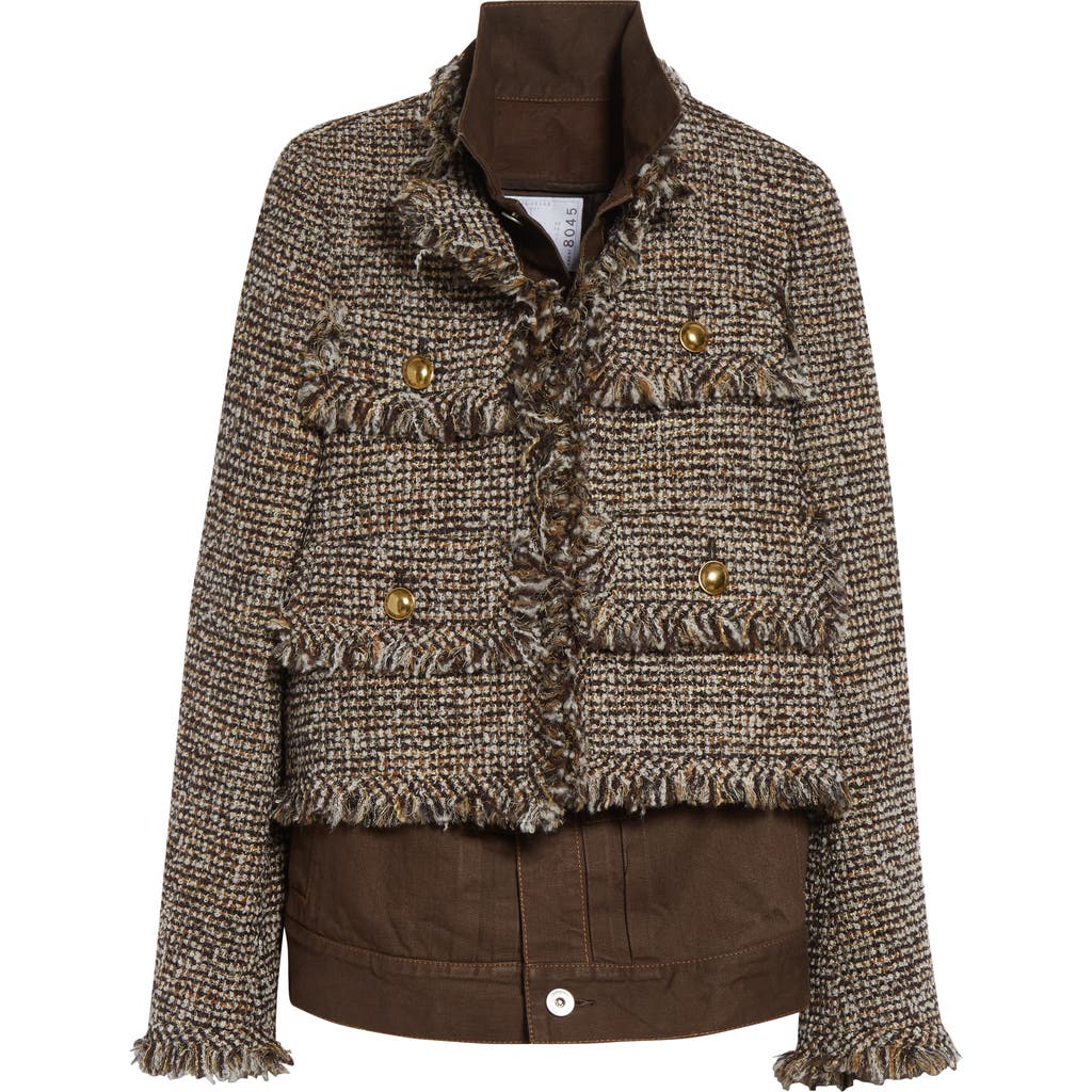 Sacai Tweed-fringed Jacket In Gray