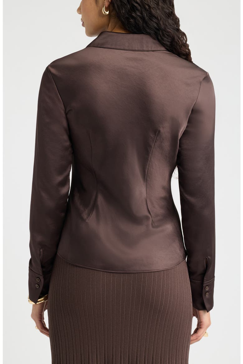 Fitted Satin Button-Up Shirt, Alternate, color, BROWN SEAL