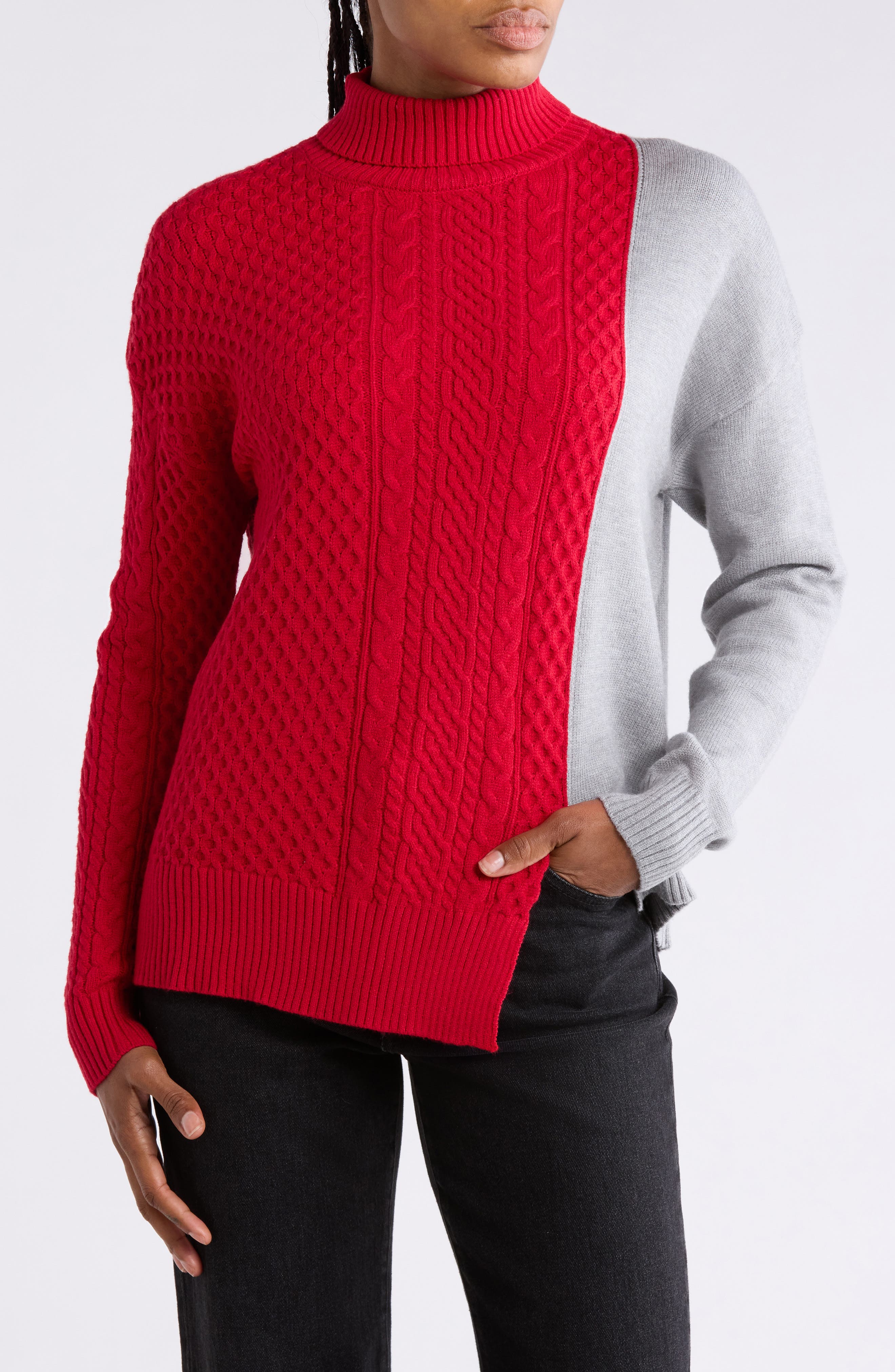 Colorblocked Mixed Stitch Mock Neck Sweater