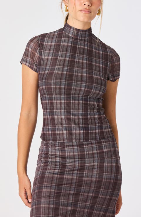 Baila Plaid Mesh Mock Neck Top