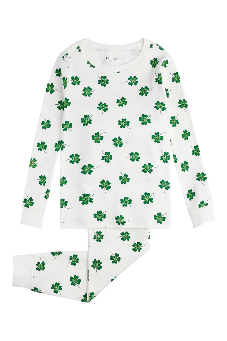 Kids' Clover Print Organic Cotton Fitted Two-Piece Pajamas, Main, color, OWH OFF WHITE