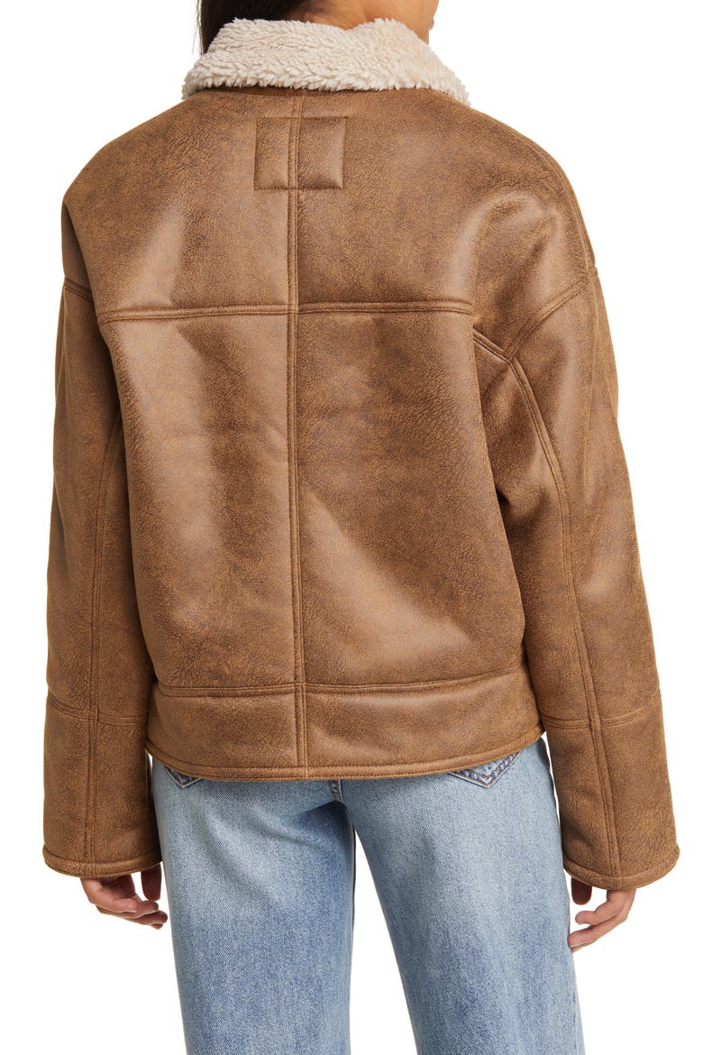 Faux Shearling Moto Jacket, Alternate, color, COGNAC