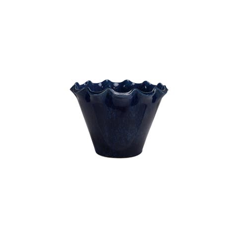 Large Stoneware Planter With Ruffled Edge And Drainage Hole With Reactive Glaze, Blue