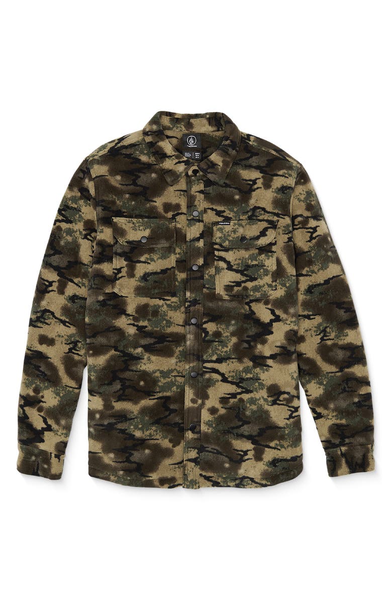 Volcom Bowered Fleece Snap-Up Overshirt, Main, color, 
