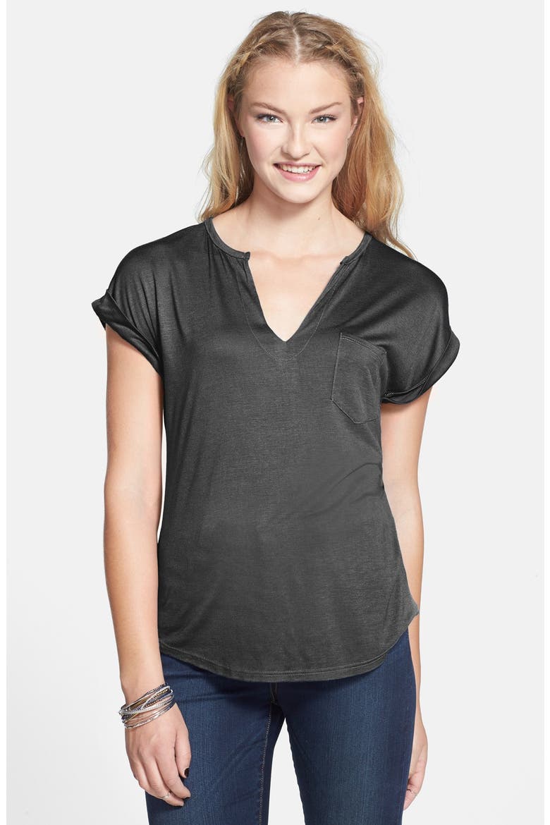 Roll Sleeve Split Neck Pocket Tee, Main, color, BLACK
