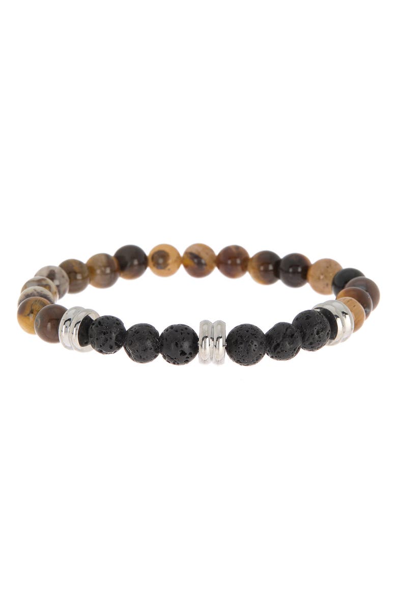 HMY JEWELRY Men's 18K Gold Plate Tiger's Eye & Black Lava Bead Bracelet, Main, color, Metallic