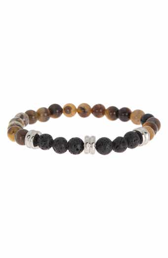 Men's 18K Gold Plate Tiger's Eye & Black Lava Bead Bracelet