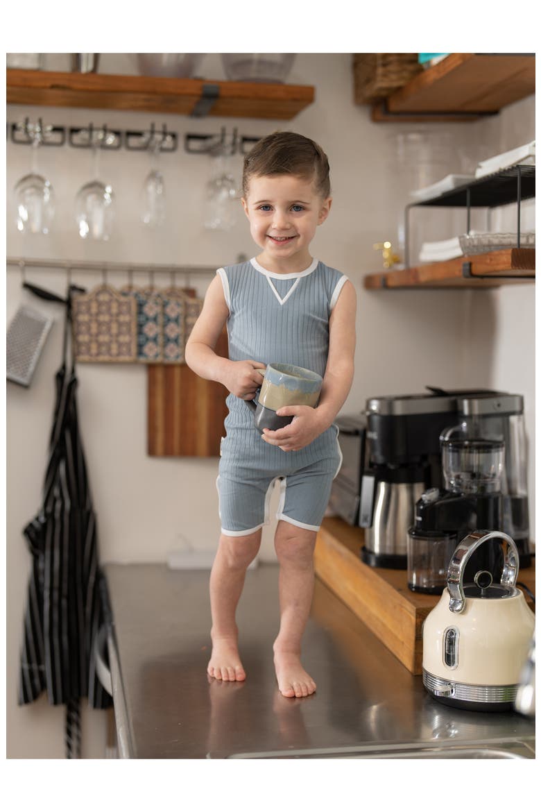 Contrast Piping Stretch Cotton Ribbed Romper, Alternate, color, BLUE