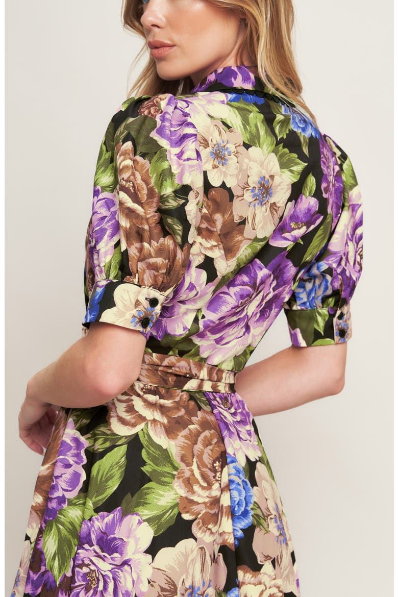 Floral Button Front Midi Dress, Alternate, color, BLACK