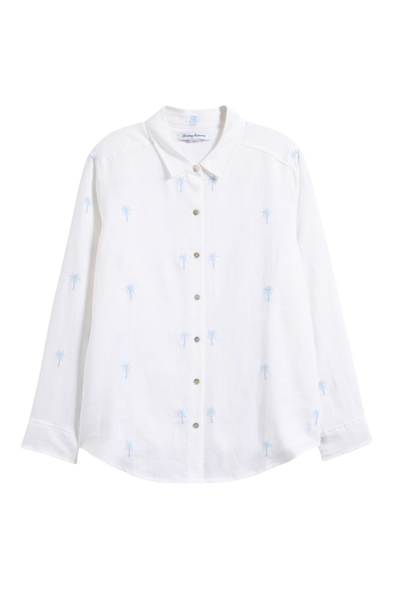 Relaxed Palm Tree Embroidered Linen Button-Up Shirt, Alternate, color, LINEN SKY