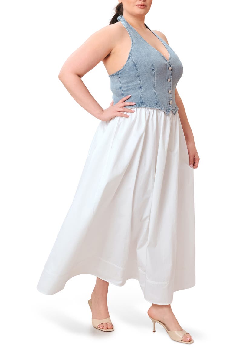 Halter Vest Mixed Media Maxi Dress, Alternate, color, DENIM/ WHITE